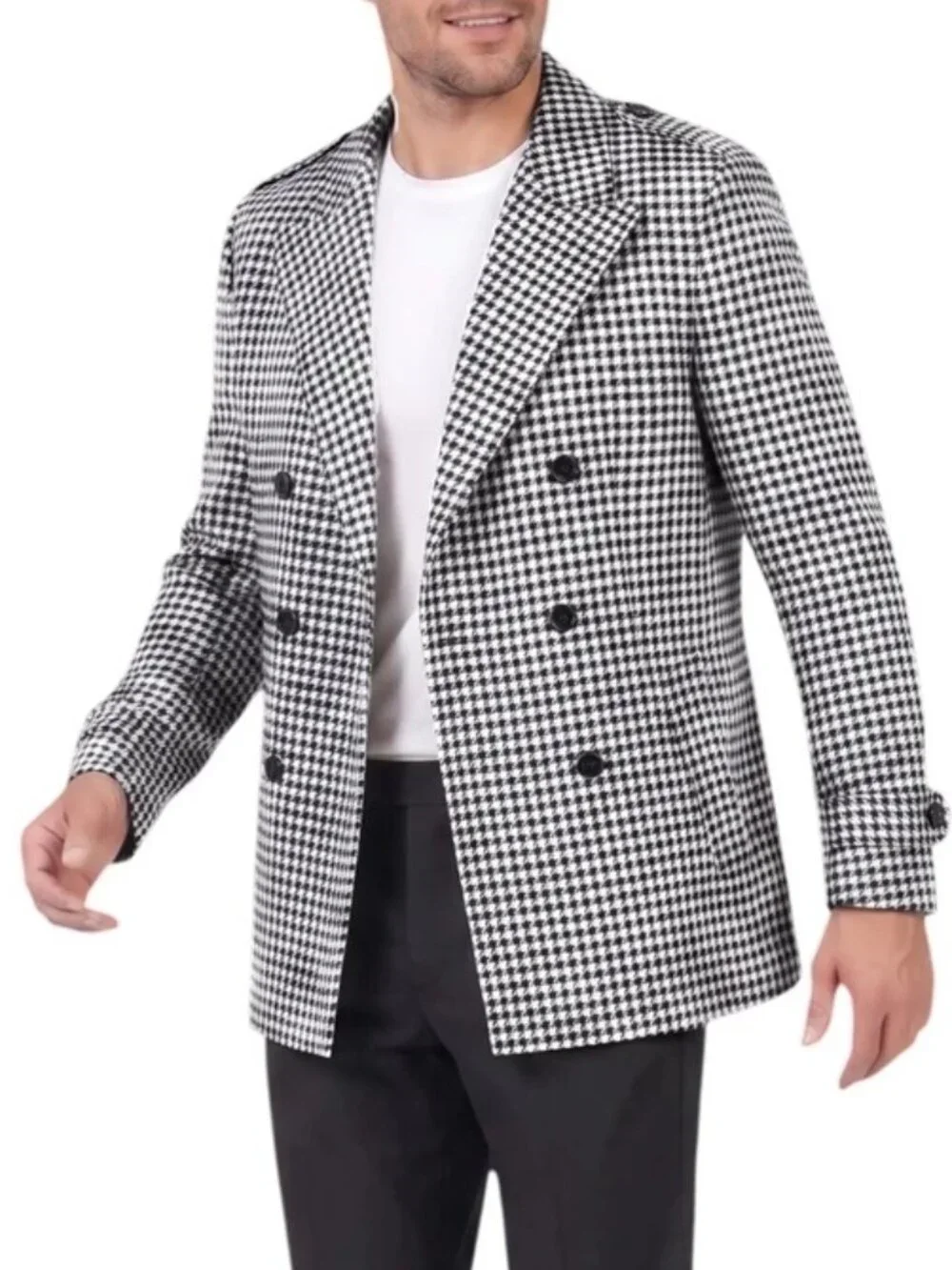 Black/White Houndstooth Double Breasted Slim Fit Men's Jacket